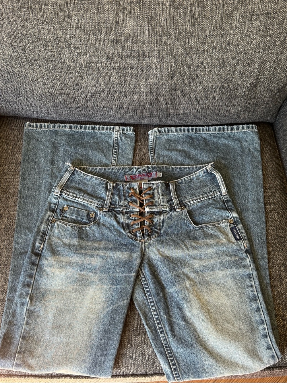 Y2K Silver Jeans Women's Lace-Up Light Blue Boot Cut Jeans